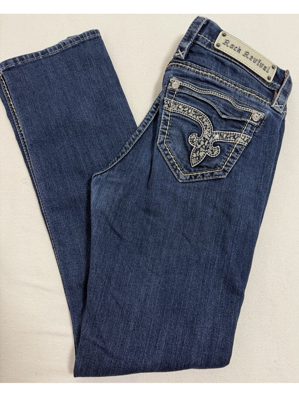 Rock Revival Womens 26 Easy Straight Vivian Blue Denim Jeans Embroidered Pocket